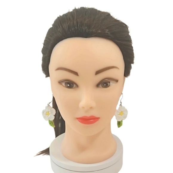 Hand Crafted Hand Knit Chrochet Dainty Daisy Dangling Earrings with fish hooks - Picture 4 of 17